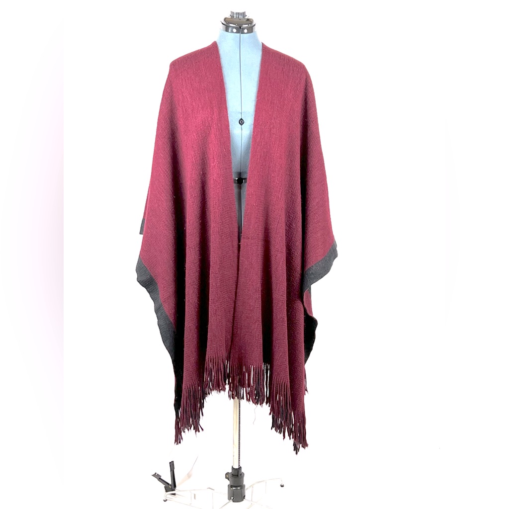 Reversible MaroonBlack Fringe Poncho 757